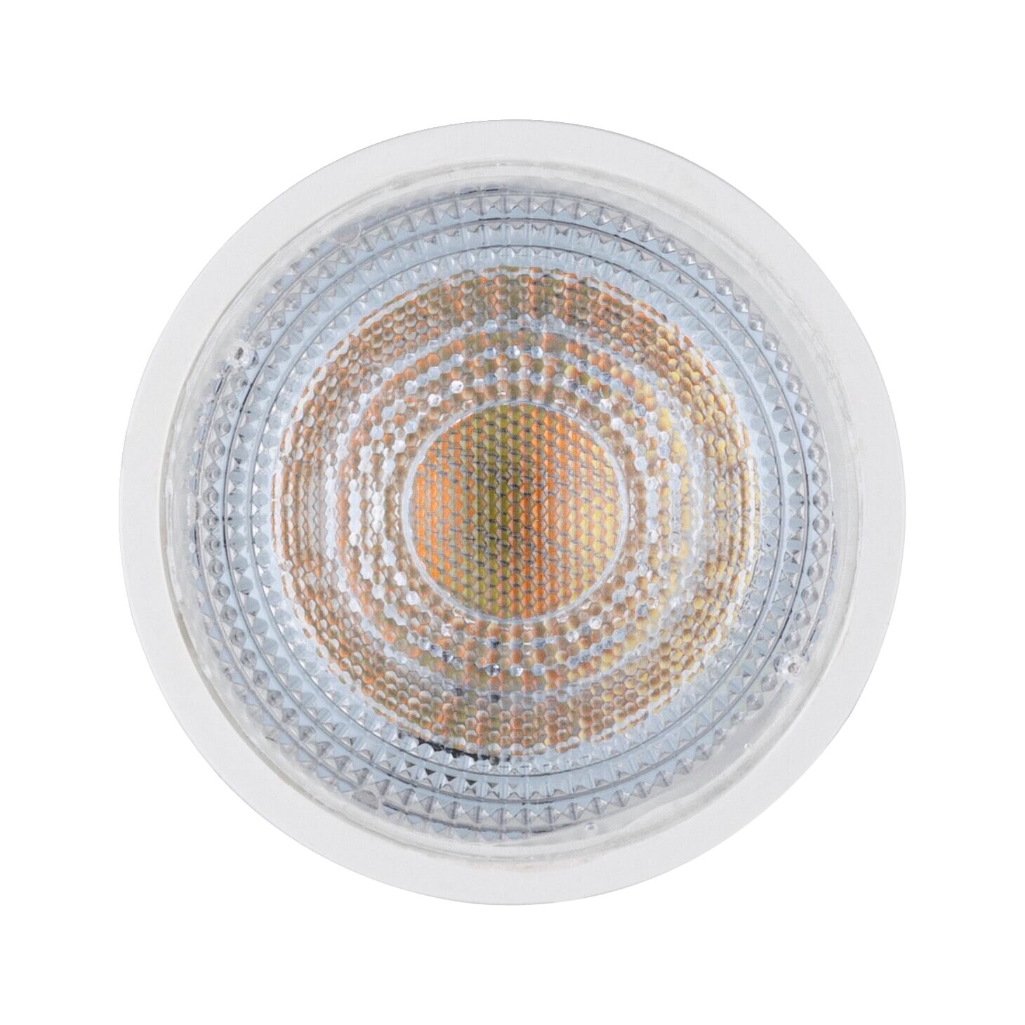 Vorderansicht eines runden LED Leuchtmittels mit facettierter Oberfläche, passend für URAIL Systeme.