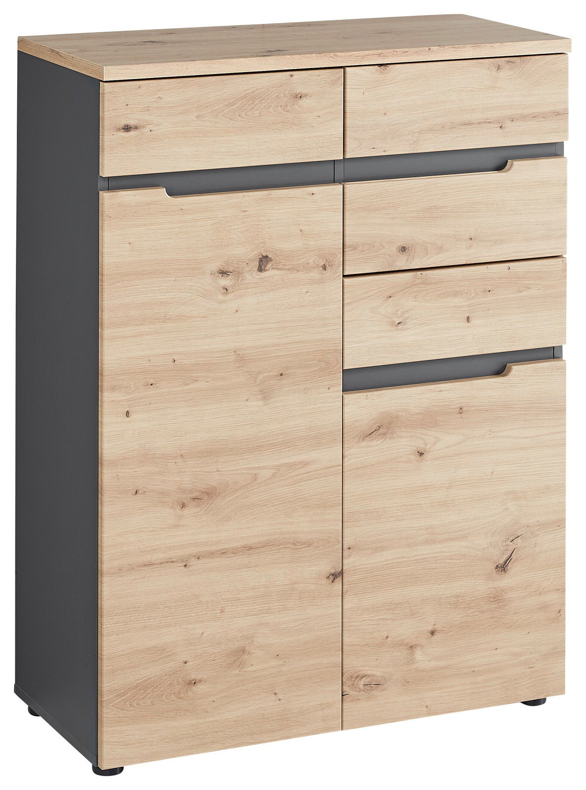 Voleo Kommode DETROIT Kommode aus Holz mit vier Schubladen und zwei Türen, seitliche Perspektive