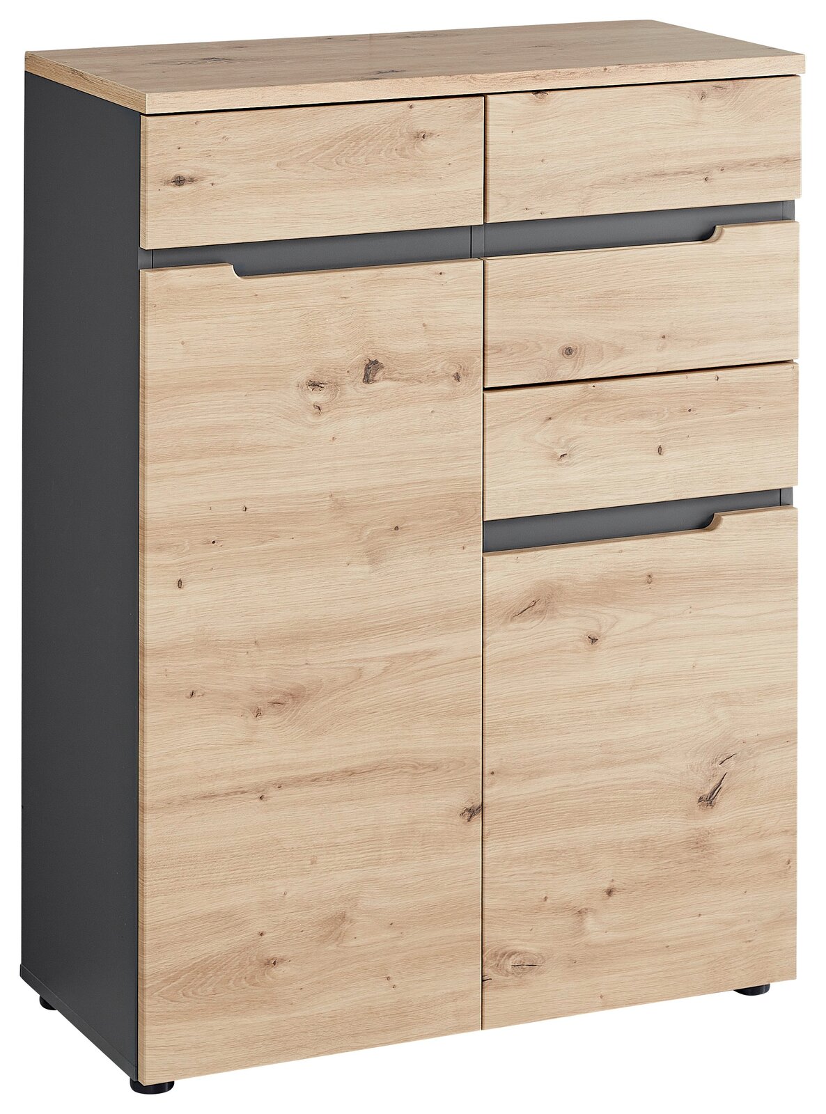 Voleo Kommode DETROIT Kommode aus Holz mit vier Schubladen und zwei Türen, seitliche Perspektive