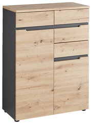 Kommode aus Holz mit vier Schubladen und zwei Türen, seitliche Perspektive