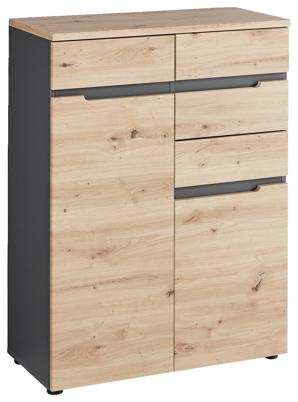 Kommode aus Holz mit vier Schubladen und zwei Türen, seitliche Perspektive