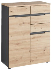 Kommode aus Holz mit vier Schubladen und zwei Türen, seitliche Perspektive