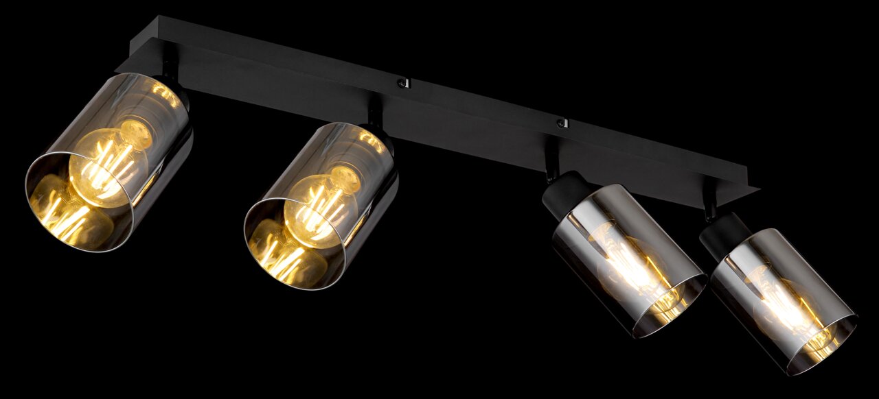 Vierflammiger Strahler aus schwarzem Metall mit mattem Finish, seitliche Perspektive