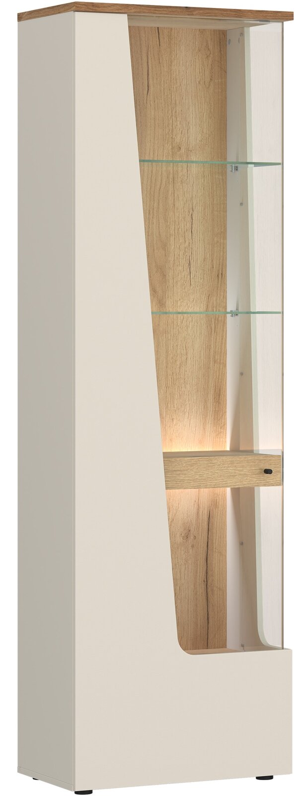 Z2 Vitrine li. CUT OUT Moderne Vitrine mit Holz- und Glaselementen, seitliche Perspektive