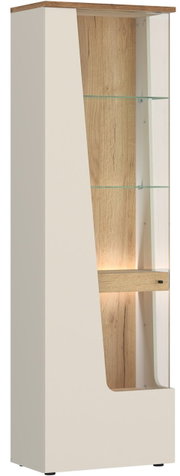 Moderne Vitrine mit Holz- und Glaselementen, seitliche Perspektive