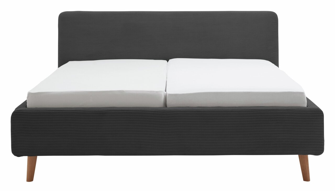 Frontale Ansicht eines modernen Polsterbetts mit dunkelgrauem Stoffbezug und Holzfüßen.