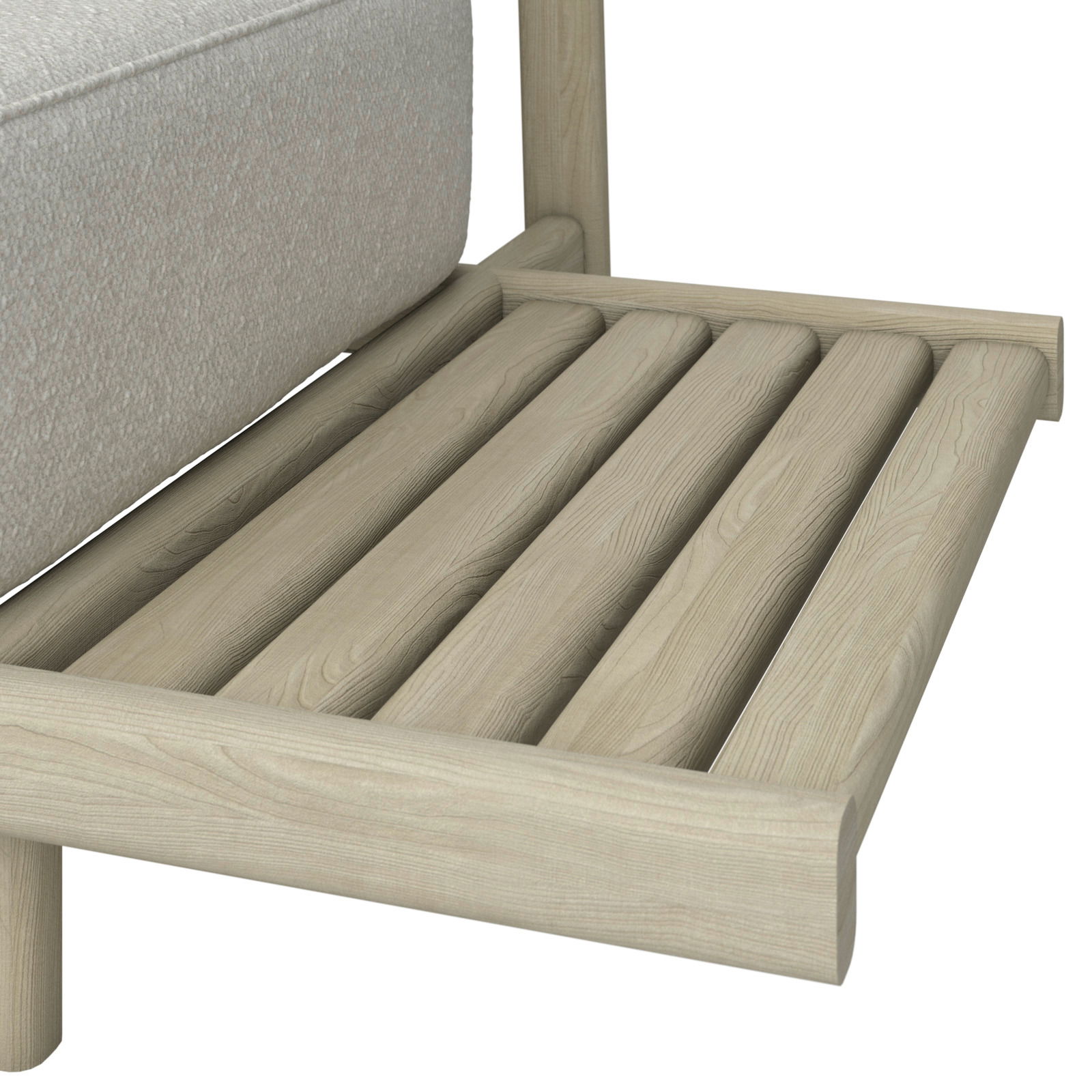 Nahaufnahme einer Loungeeckgarnitur mit Holzablage in heller Holzoptik, seitliche Perspektive