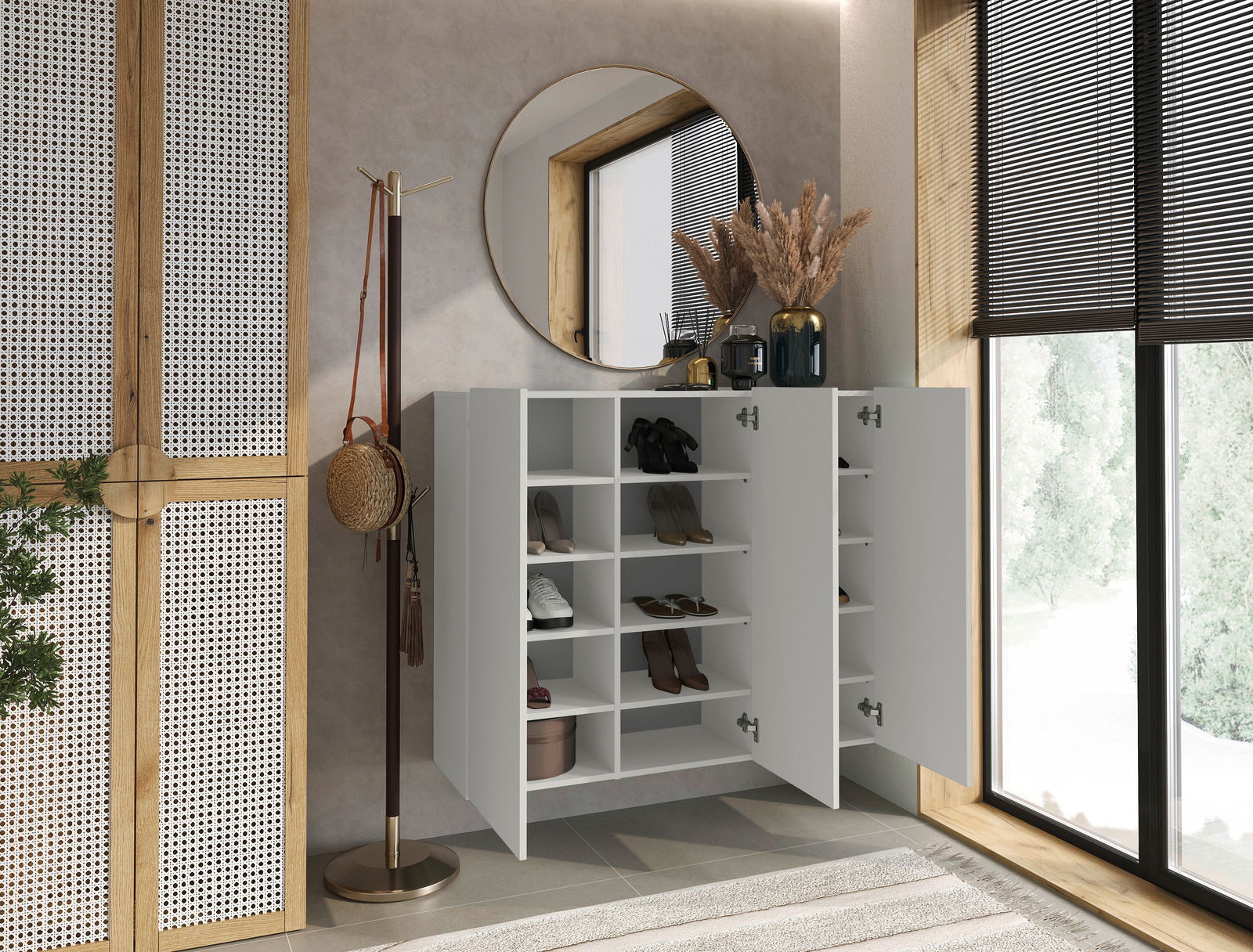 Moderner weißer Hängeschuhschrank mit offenen Türen, gefüllt mit Schuhen, in einem stilvoll eingerichteten Raum mit rundem Spiegel und Fenster im Hintergrund, seitliche Perspektive.