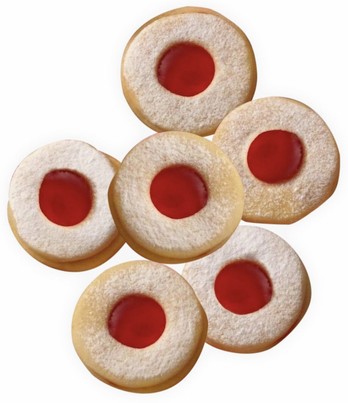 Sechs runde Kekse mit rotem Gelee in der Mitte und Puderzucker bestäubt, aus der Vogelperspektive.