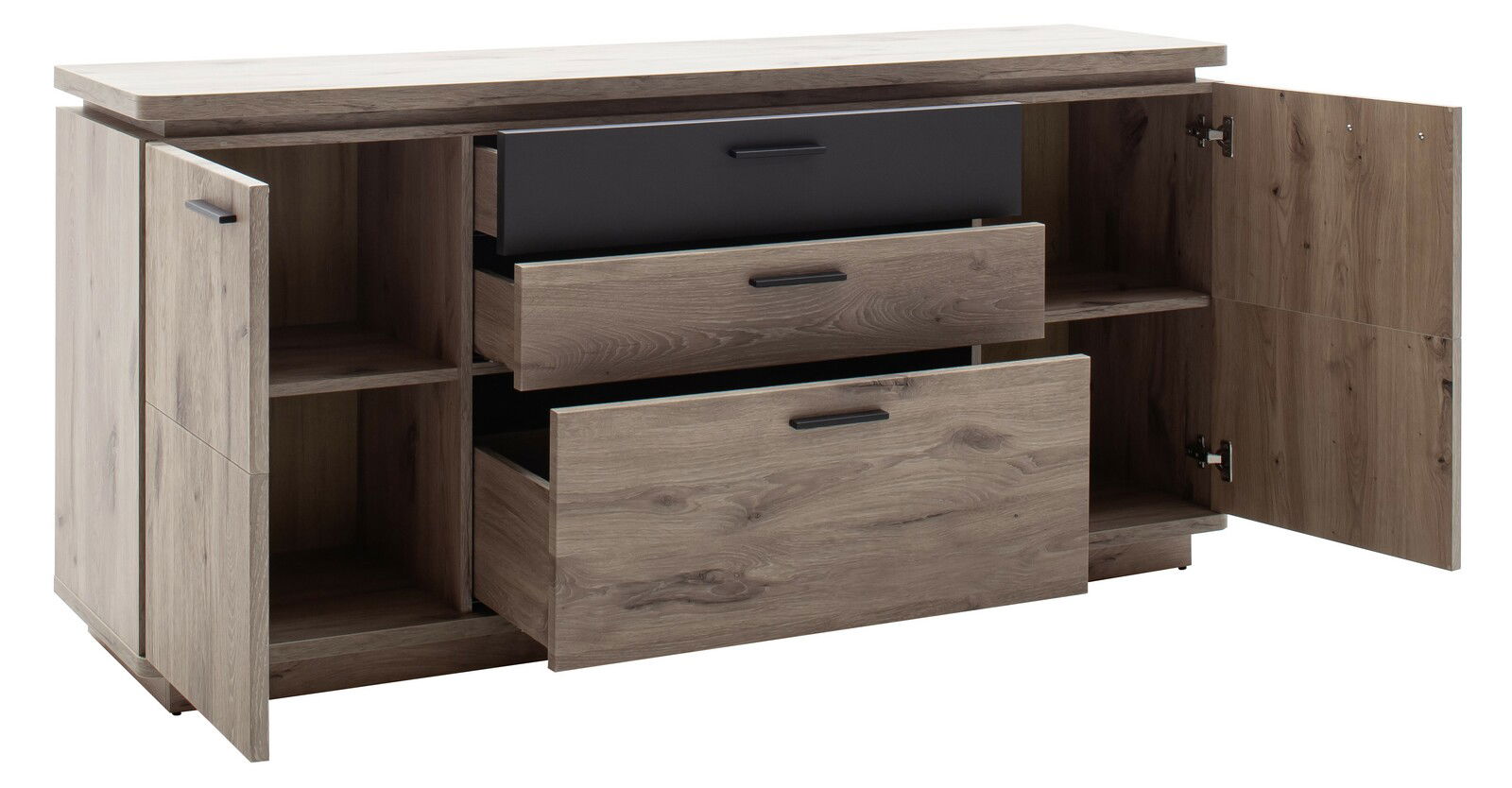 Holz-Sideboard mit zwei offenen Schubladen und zwei offenen Türen, Frontansicht