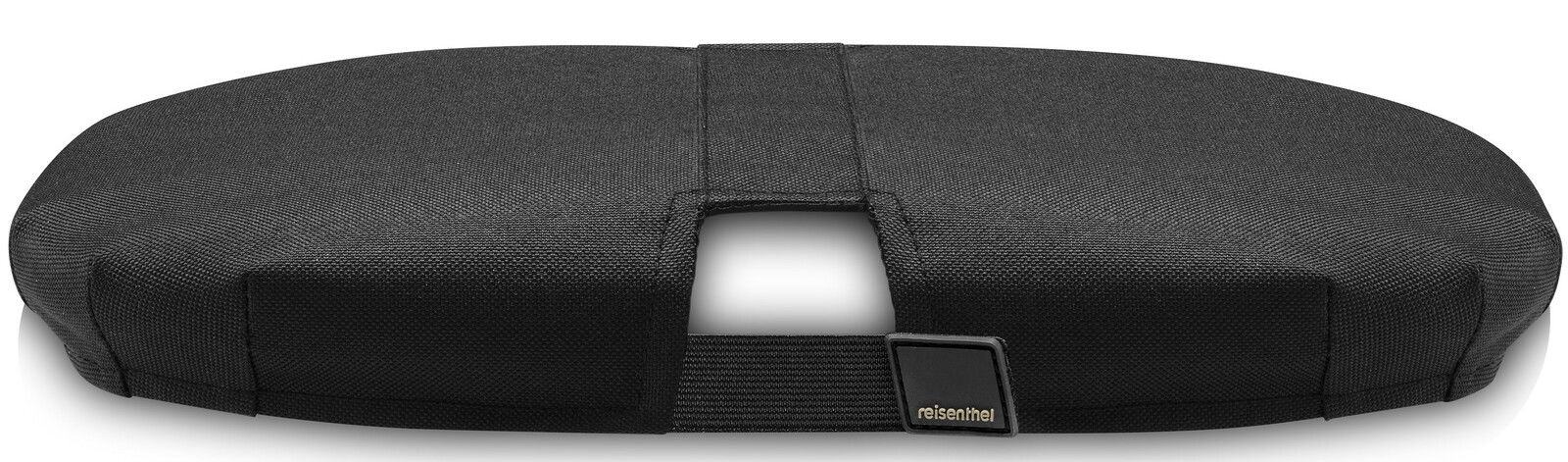 Schwarze Abdeckung für carrybag XS, Vorderansicht, robustes Material mit Logo-Detail.