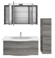Badezimmermöbel-Set in grauer Holzoptik, bestehend aus einem Waschtisch mit Waschbecken, einem Spiegelschrank mit offenen Türen und einem hohen Schrank, frontal abgebildet.
