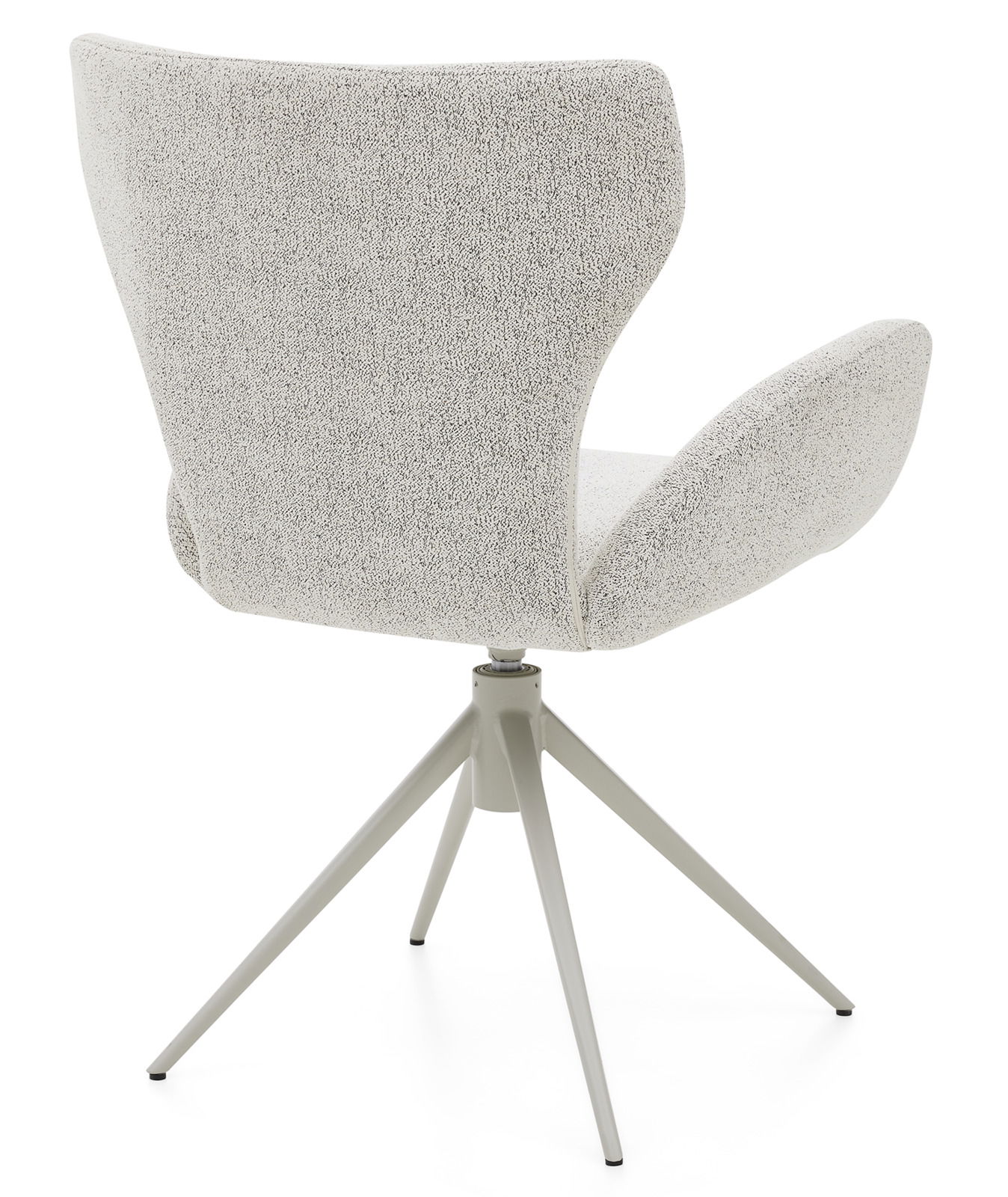 Rückansicht eines modernen Armlehnstuhls mit grauem Stoffbezug und vier Metallbeinen.