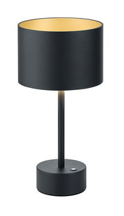 Schwarze Akku-Tischleuchte mit zylindrischem Schirm, seitliche Perspektive