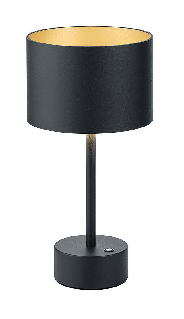 Schwarze Akku-Tischleuchte mit zylindrischem Schirm, seitliche Perspektive