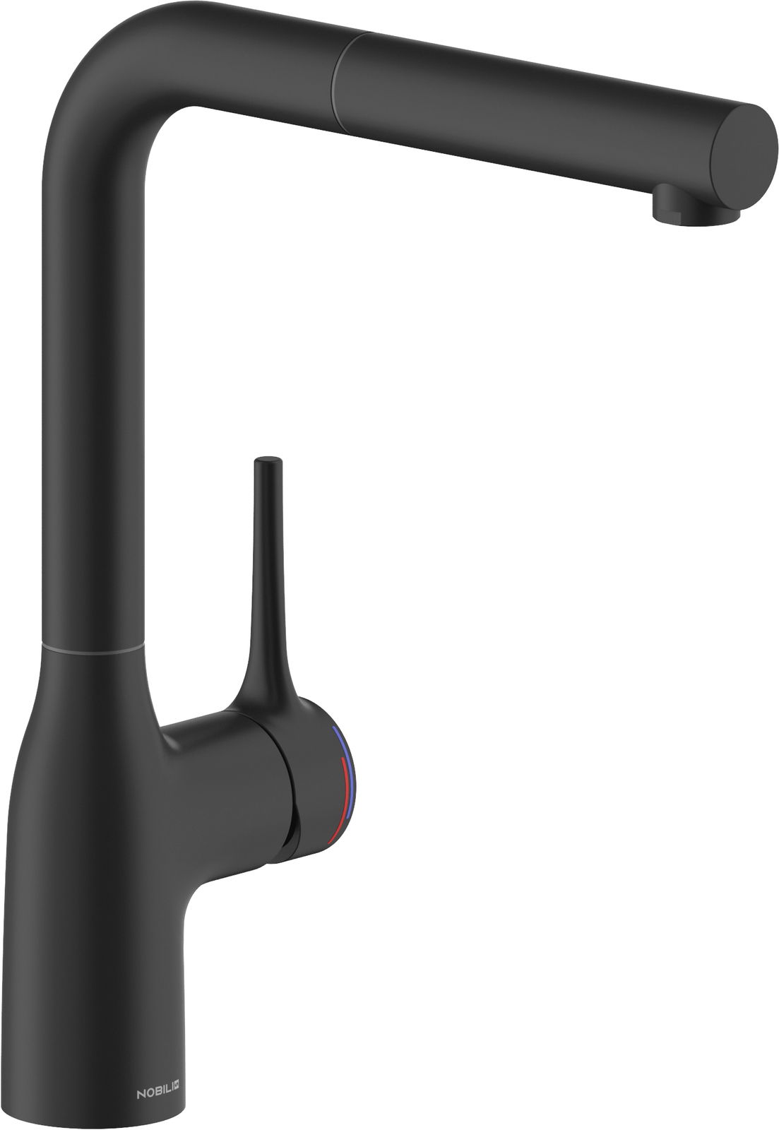 Schwarzer Einhebelmischer mit modernem Design, seitliche Ansicht