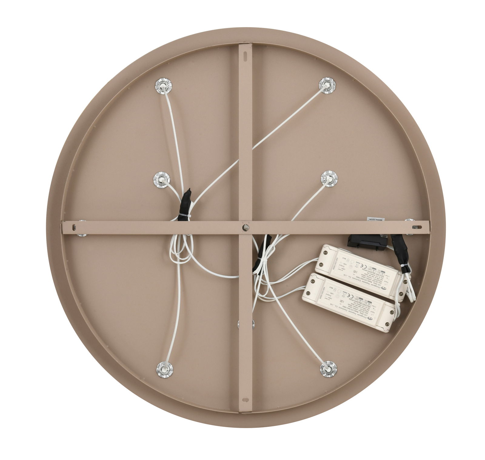 Rückansicht einer runden LED-Deckenleuchte mit sichtbaren Kabeln und elektrischen Komponenten.