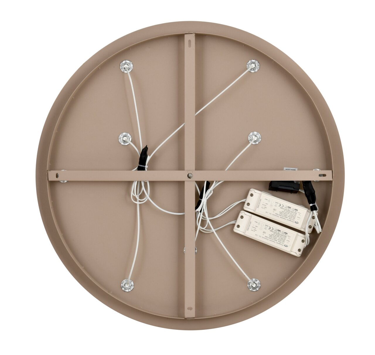 Achterkant van een ronde led-plafondlamp met zichtbare kabels en elektrische onderdelen.