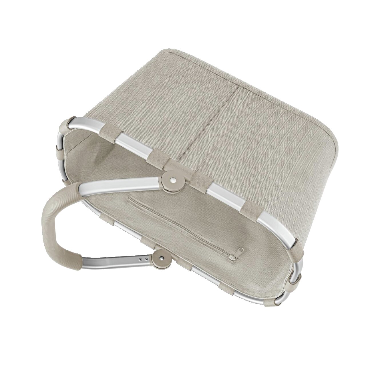 Carrybag in Herringbone Sand von oben, mit Aluminiumrahmen und Tragegriff, zeigt Innenfach mit Reißverschluss.