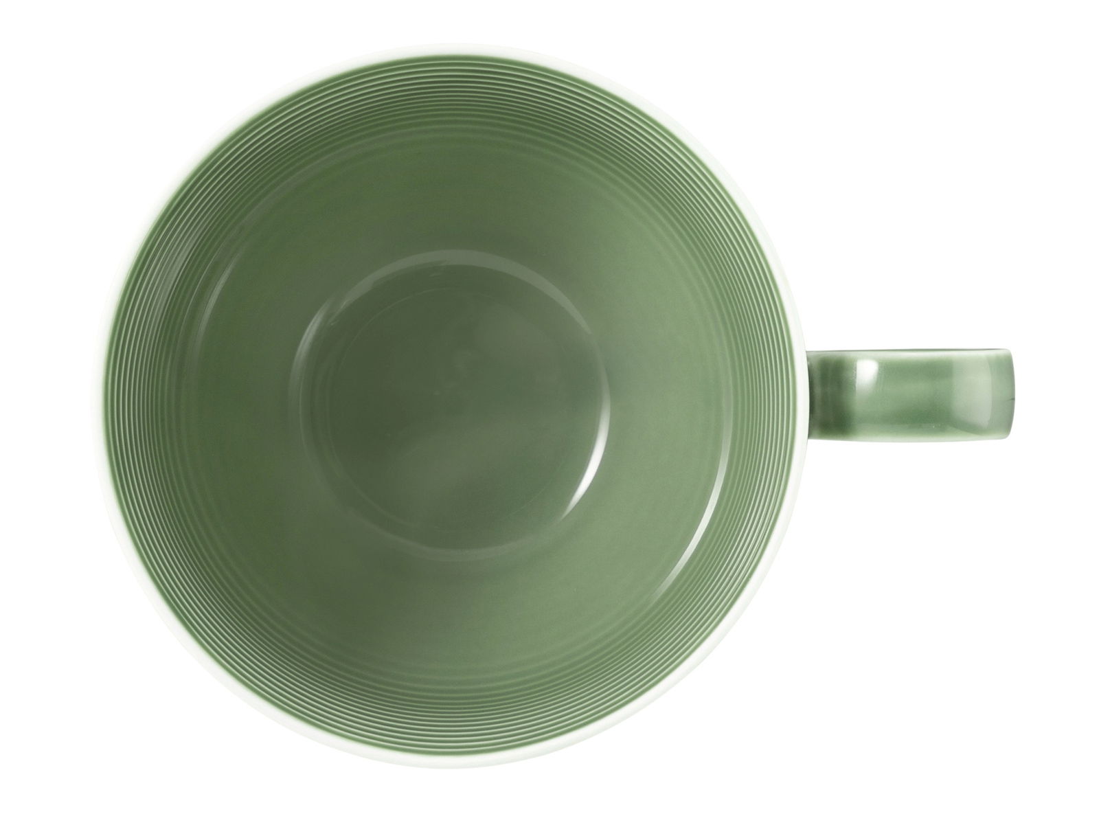 Grüne Milchkaffeetasse mit Henkel, von oben betrachtet