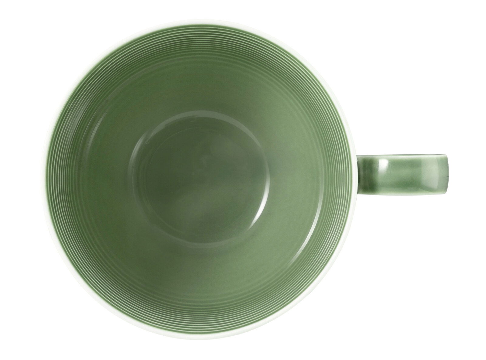 Grüne Milchkaffeetasse mit Henkel, von oben betrachtet