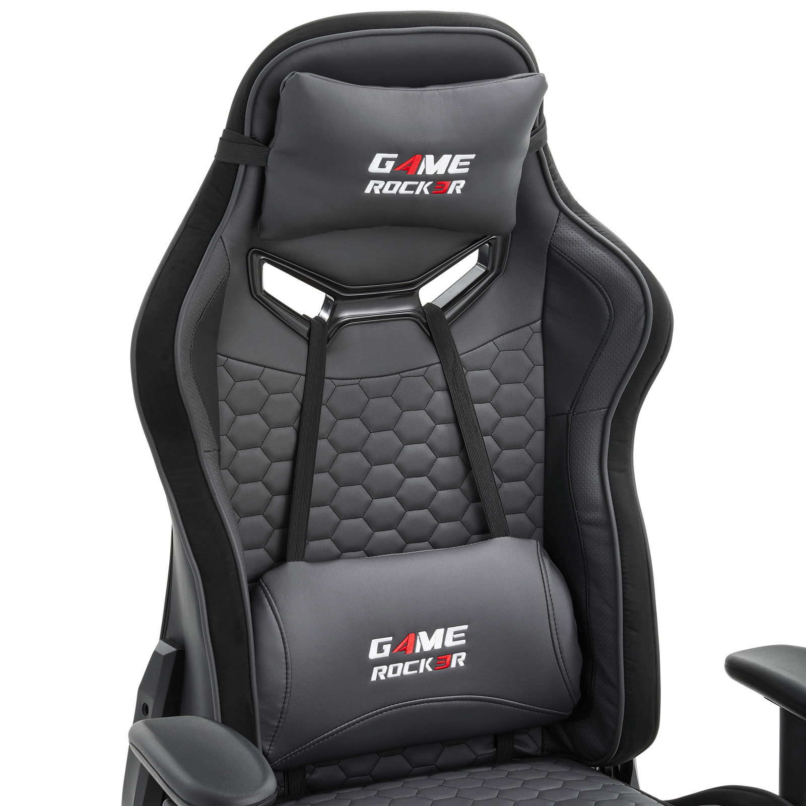 Gaming Stuhl in schwarzem Design mit ergonomischer Rückenlehne und Kopfstütze, Vorderansicht