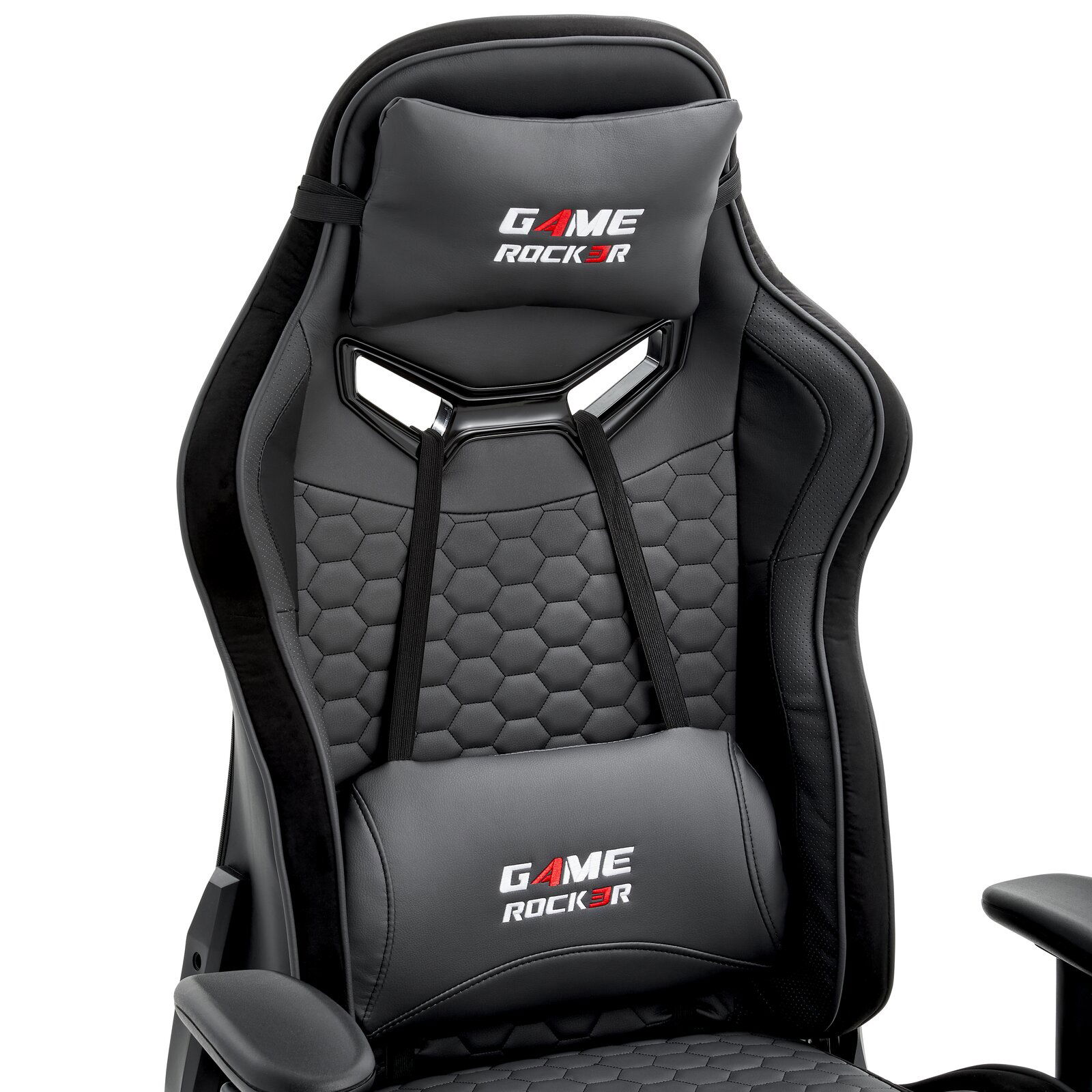 Gaming Stuhl in schwarzem Design mit ergonomischer Rückenlehne und Kopfstütze, Vorderansicht