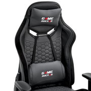 Gaming Stuhl in schwarzem Design mit ergonomischer Rückenlehne und Kopfstütze, Vorderansicht