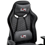 Gamingstoel in zwart met ergonomische rugleuning en hoofdsteun, vooraanzicht