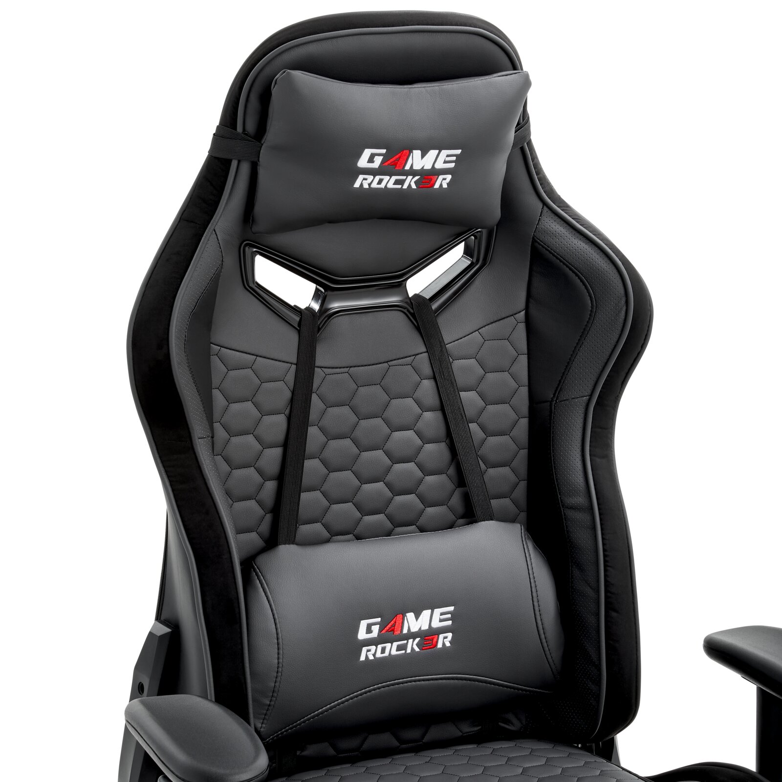 Gamingstoel in zwart met ergonomische rugleuning en hoofdsteun, vooraanzicht