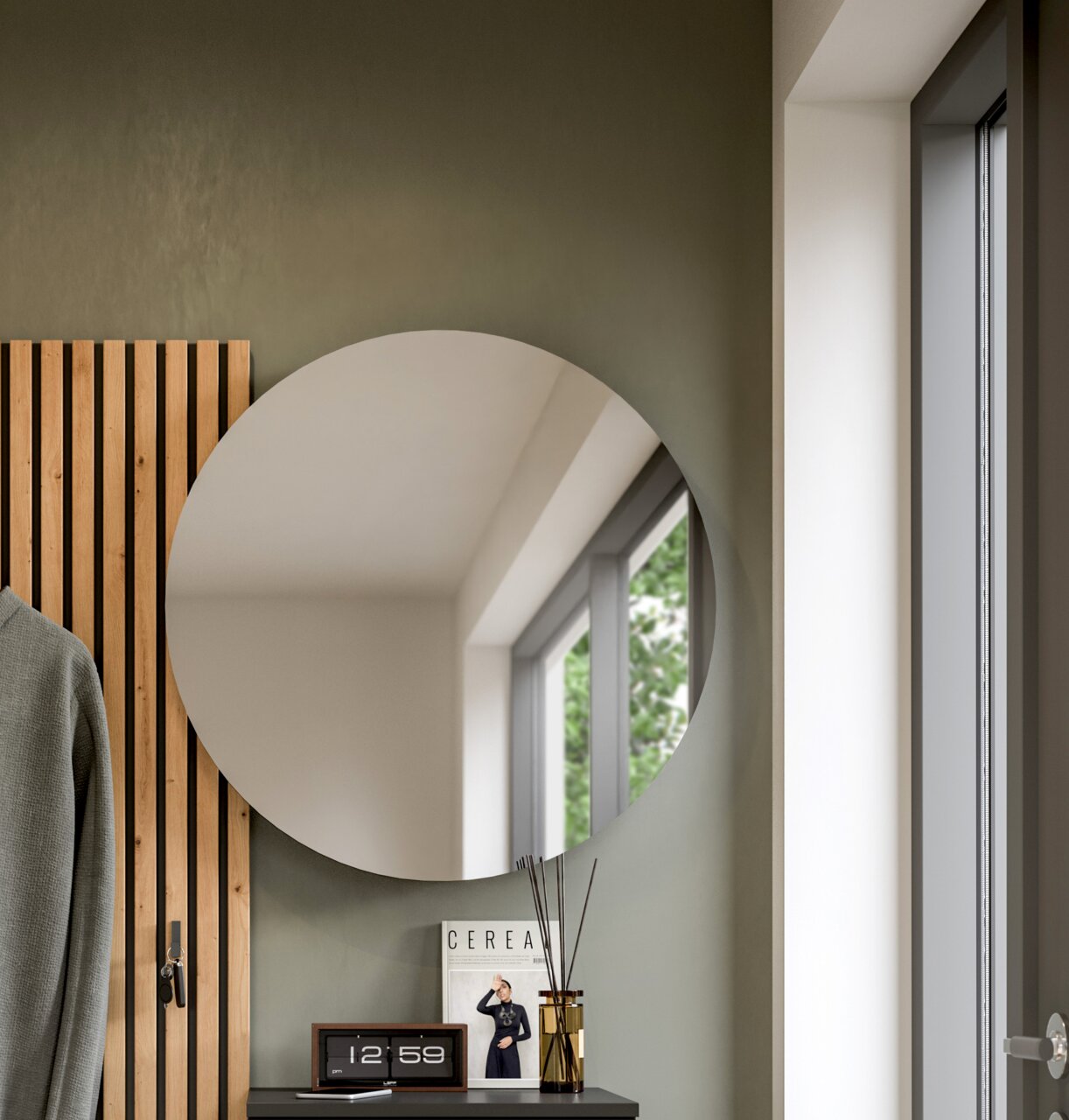 Runder Wandspiegel in modernem Interieur, seitliche Perspektive