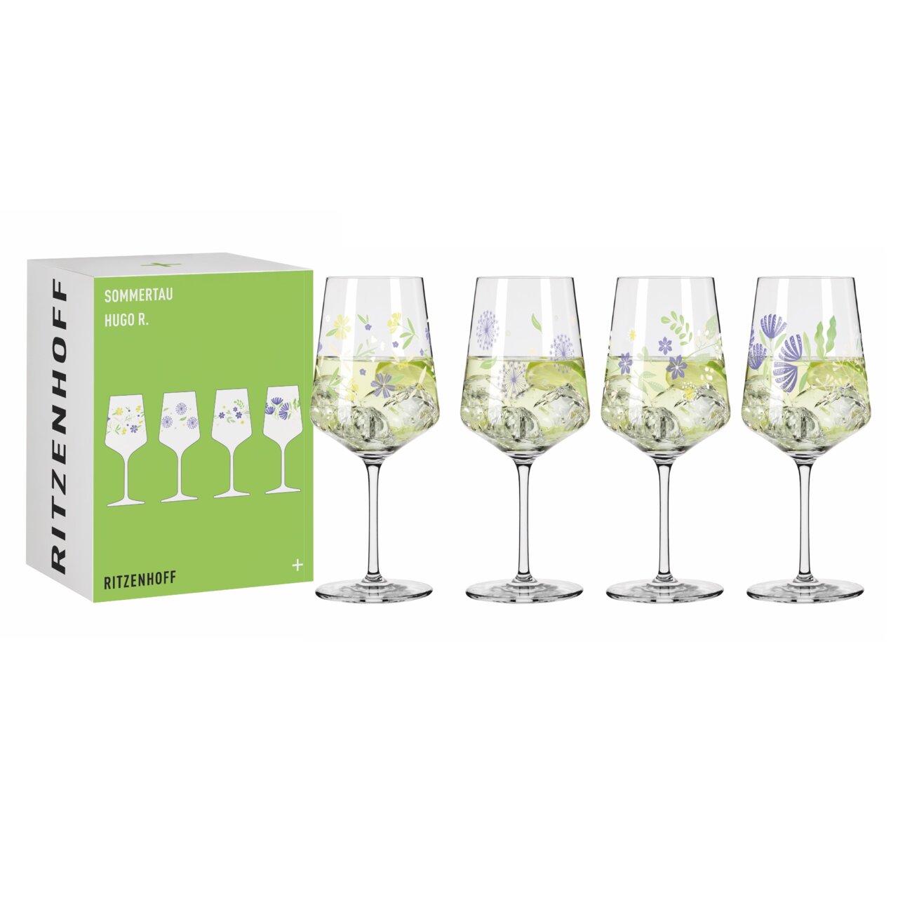 Ritzenhoff Hugo 4-delige set SOMMERTAU Vier decoratieve wijnglazen met bloemmotieven en een groene verpakking op de achtergrond, gezien vanuit een zijdelingse hoek.
