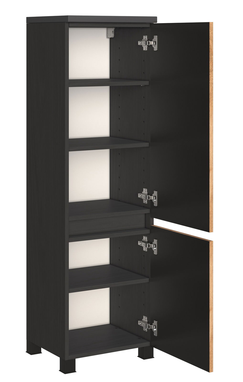 XORA Midischrank HANOI Schwarzer Midischrank mit offenen Türen, vier Einlegeböden und seitlicher Perspektive