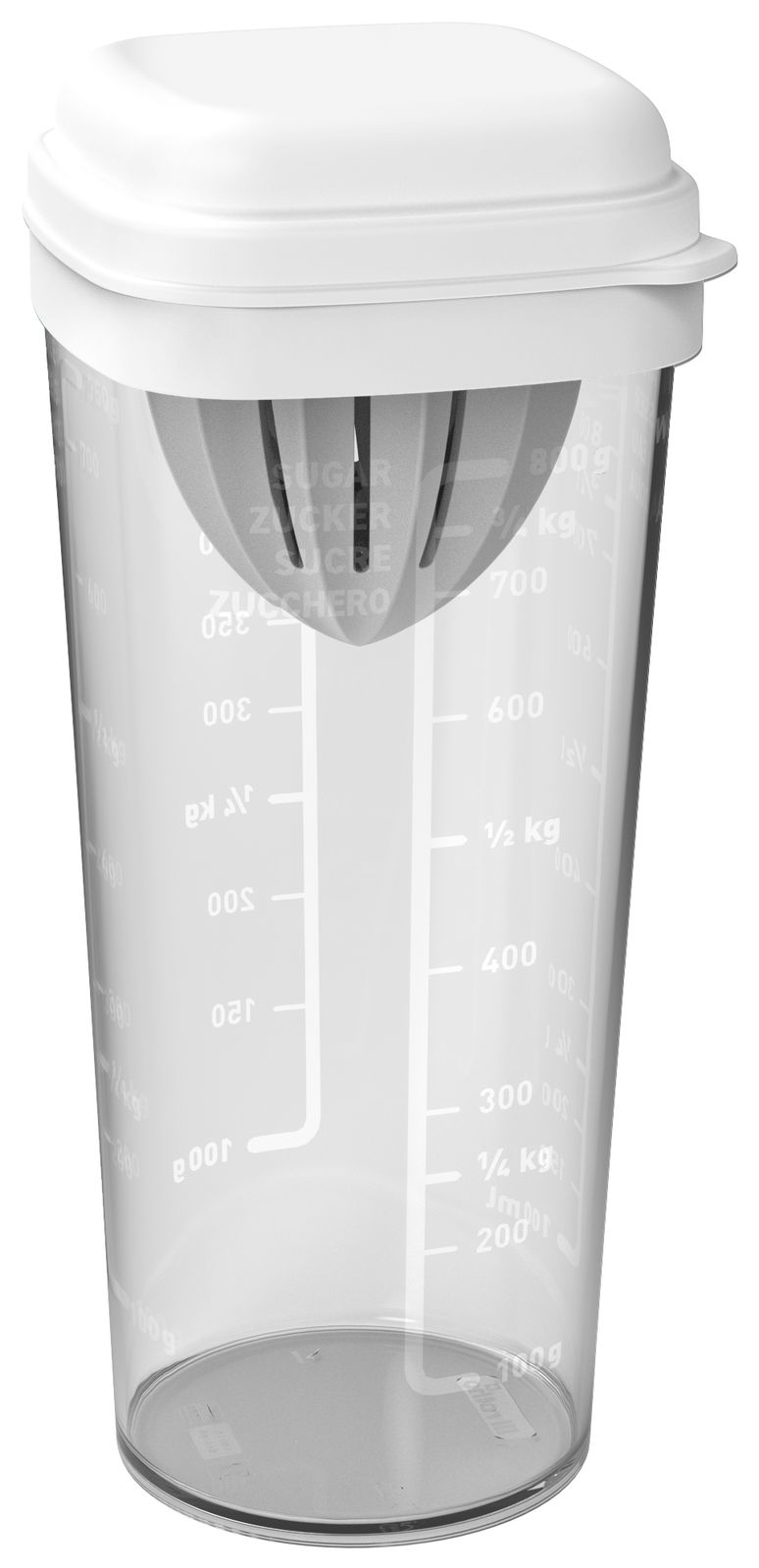 Transparenter Messbecher mit weißem Deckel und integriertem Zitruspressenaufsatz, seitliche Skala, Frontalansicht.