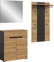 Garderoben-Set im modernen Design mit Wandspiegel, Schuhschrank und Garderobenpaneel in Eiche-Optik und Anthrazit, Frontansicht