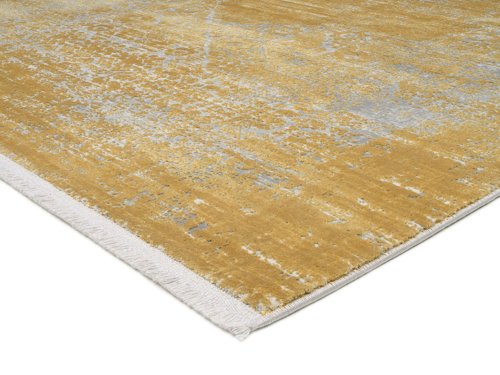 Designer Teppich in goldener und grauer Farbgebung, Nahaufnahme aus schräger Perspektive