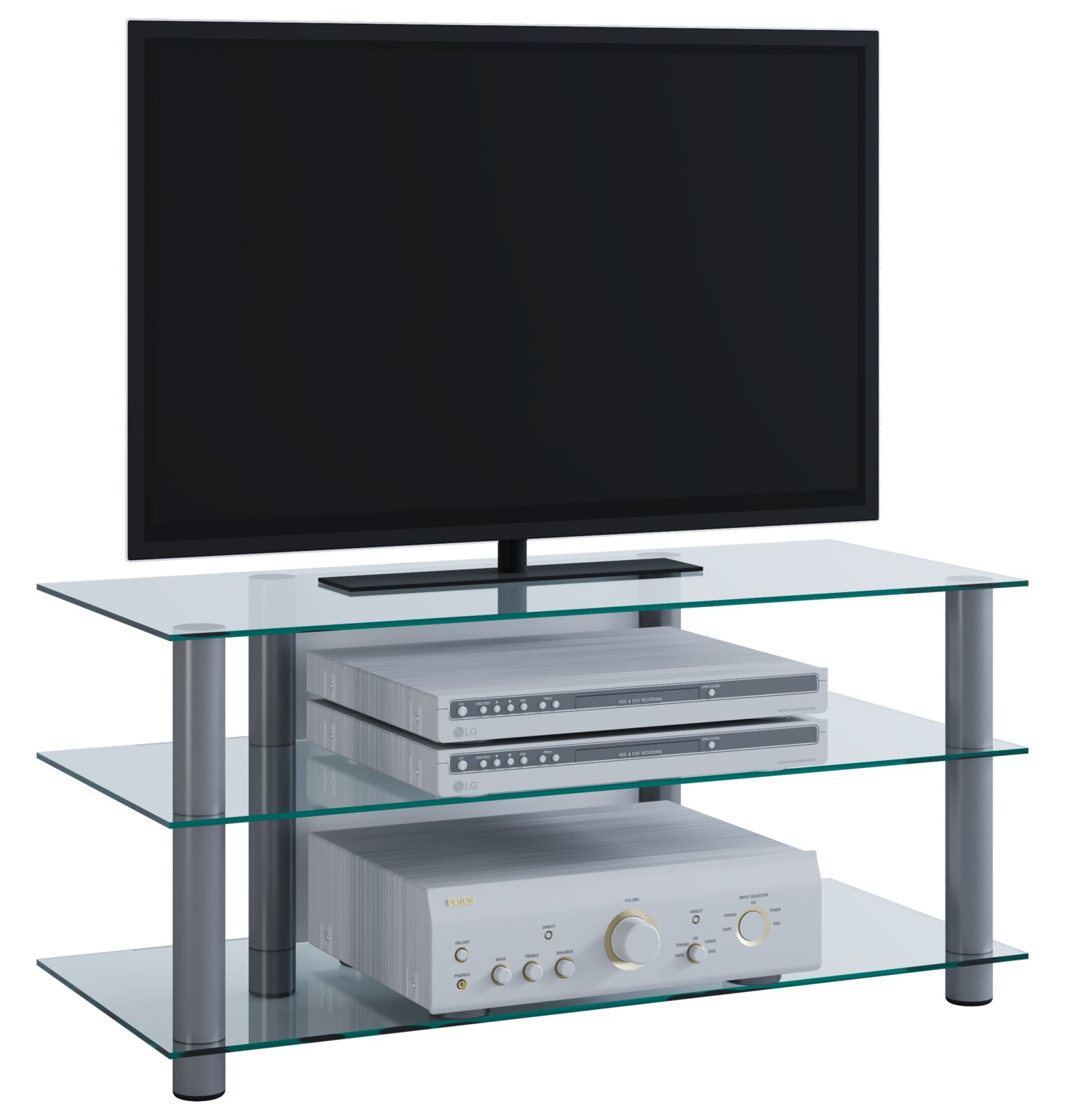 Modernes TV-HiFi-Rack aus Glas mit vier Ebenen und Metallstützen, darauf ein Flachbildfernseher sowie silberne AV-Komponenten Ansicht schräg von vorn