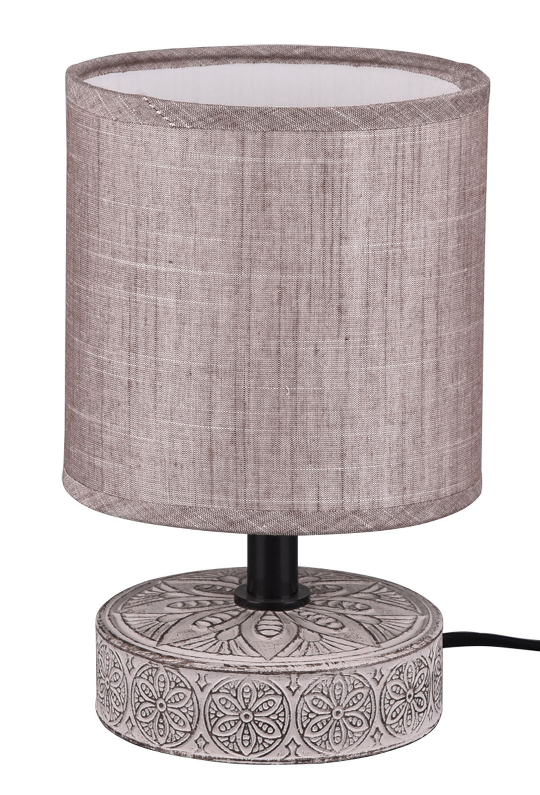 Tischleuchte MARIE mit zylindrischem Stoffschirm und dekorativem Sockel, seitliche Perspektive