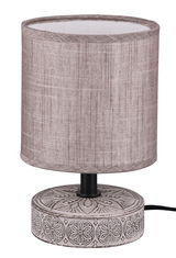 Tischleuchte MARIE mit zylindrischem Stoffschirm und dekorativem Sockel, seitliche Perspektive