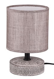 Tischleuchte MARIE mit zylindrischem Stoffschirm und dekorativem Sockel, seitliche Perspektive