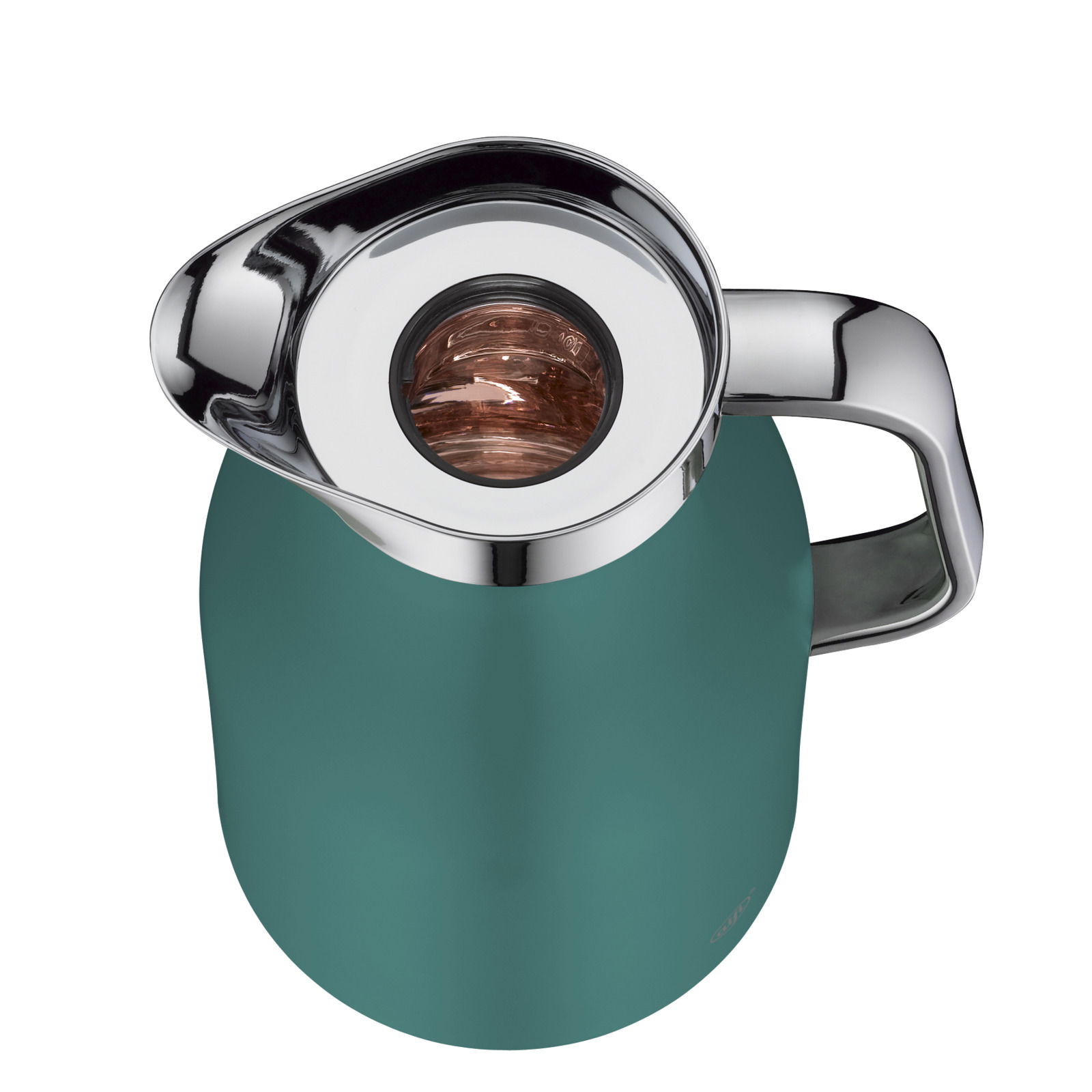 Isolierkanne Skyline in Türkis mit glänzendem Chromdeckel und Griff, Ansicht von oben