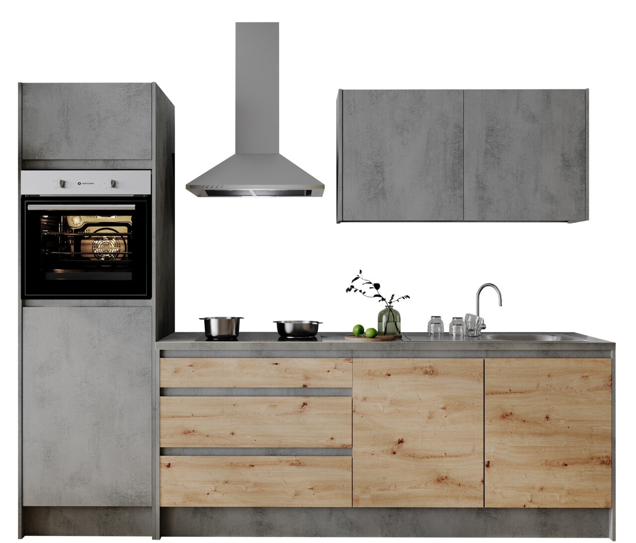 Yourkitchen Keukenblok Basis 273 TROJA Moderne keukenblok in vooraanzicht met grijze en houtkleurige elementen, ingebouwde oven, afzuigkap, kookplaat en spoelbak.