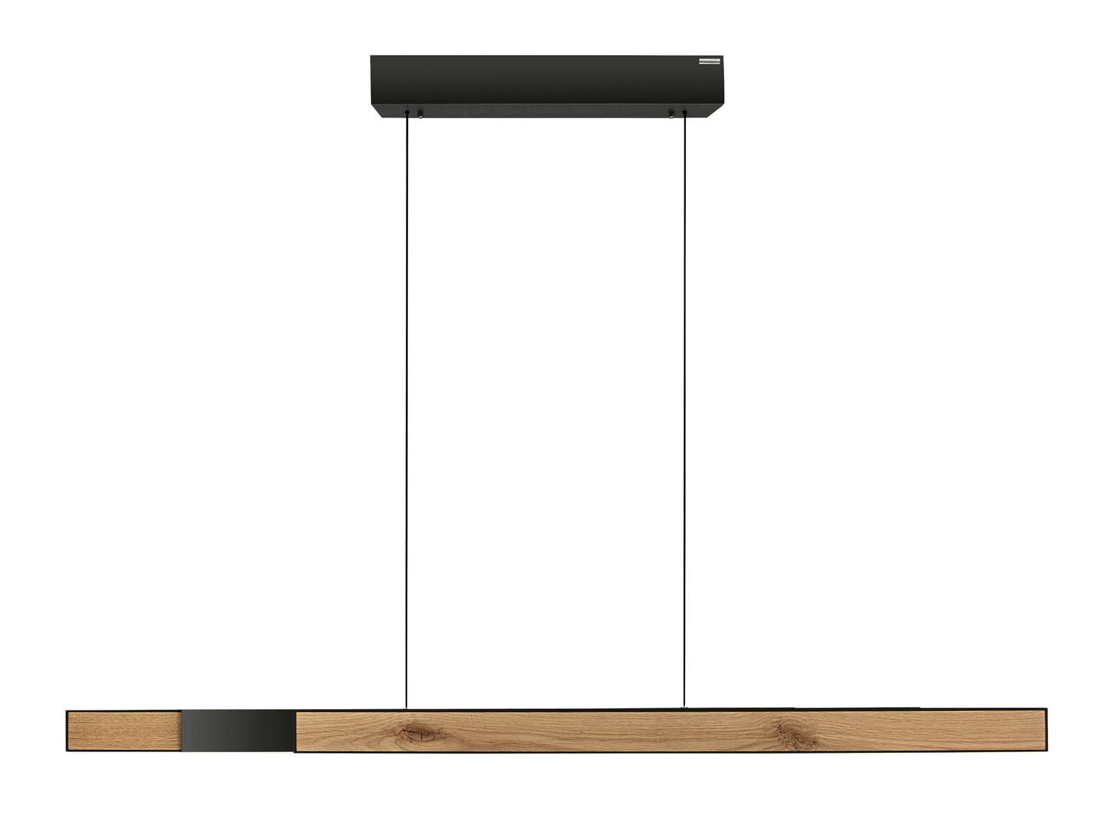 Moderne Pendelleuchte PURE-MOTO-RISE aus Holz und Metall, frontal betrachtet.