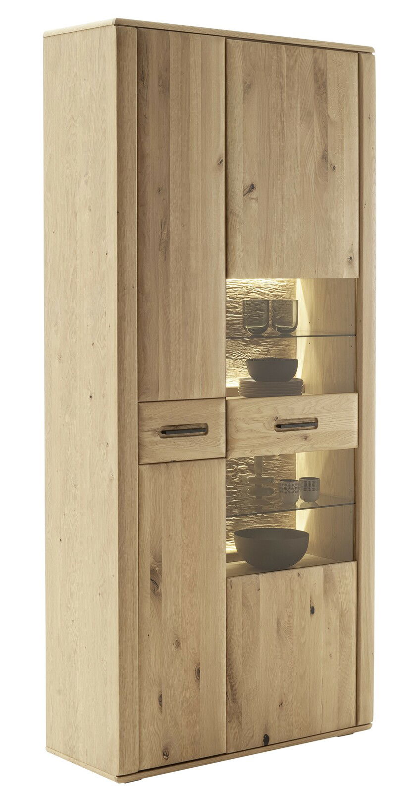 Holz-Kombivitrine mit Glaseinsatz und Beleuchtung, seitliche Perspektive