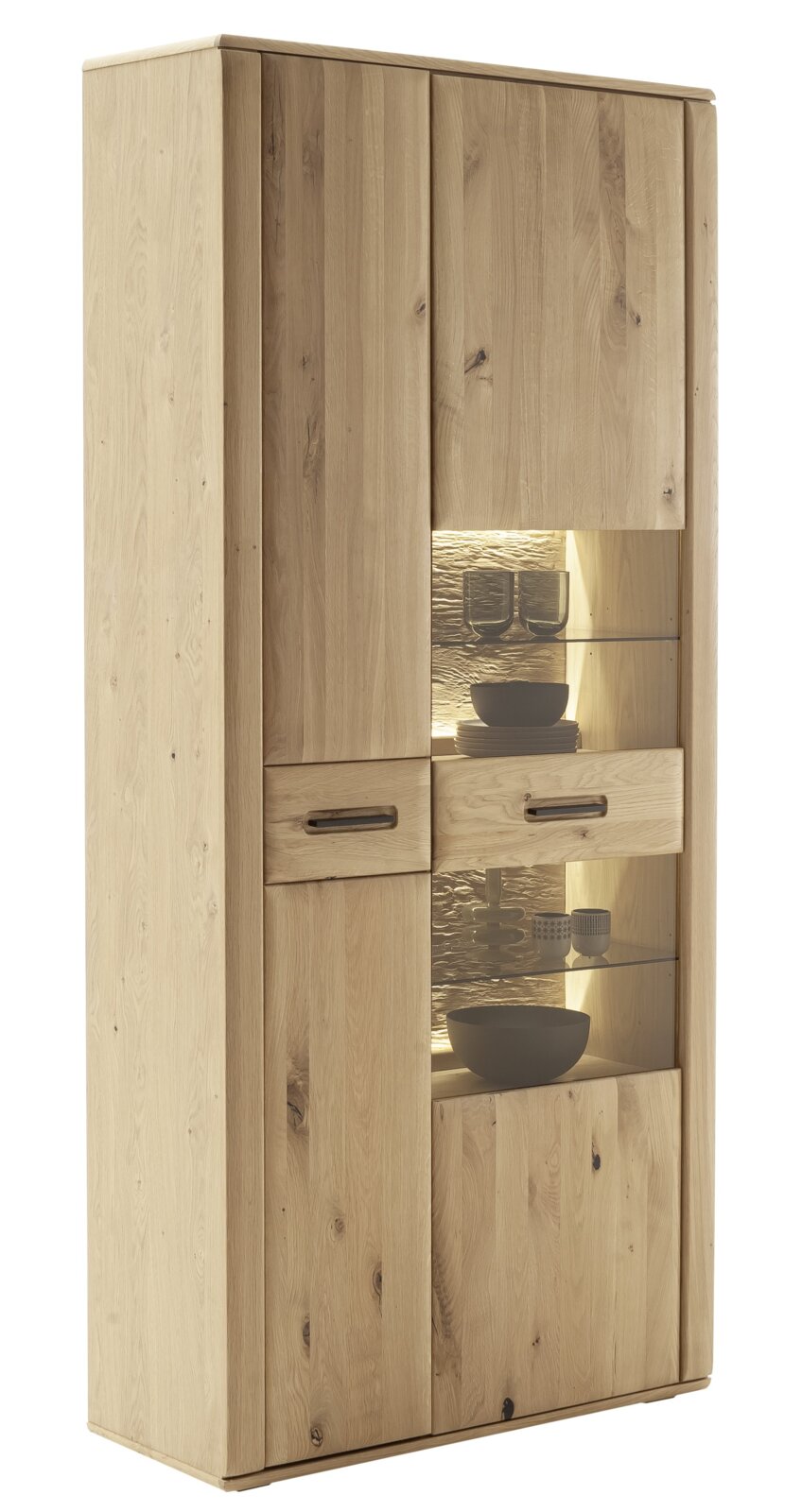 Holz-Kombivitrine mit Glaseinsatz und Beleuchtung, seitliche Perspektive