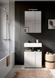 Moderne Badkombination mit weißem Waschbecken und Unterschrank, Spiegel mit Beleuchtung, seitlicher Duschbereich und dekorative Elemente, Frontalansicht.