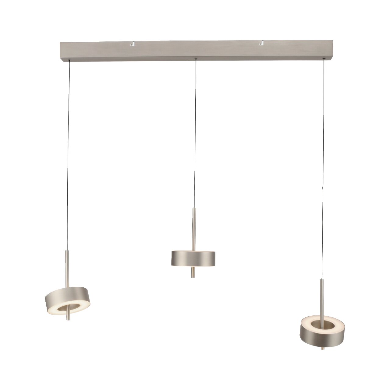 Moderne Pendelleuchte Q-ROTATE mit drei verstellbaren Leuchtelementen in silberner Optik, frontal betrachtet.