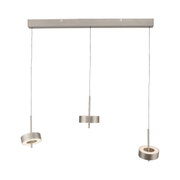 Moderne Pendelleuchte Q-ROTATE mit drei verstellbaren Leuchtelementen in silberner Optik, frontal betrachtet.