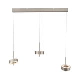 Moderne Pendelleuchte Q-ROTATE mit drei verstellbaren Leuchtelementen in silberner Optik, frontal betrachtet.