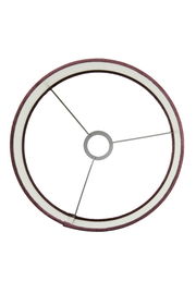 Ansicht von oben auf einen runden Lampenschirm mit Metallstreben und einem zentralen Ring.